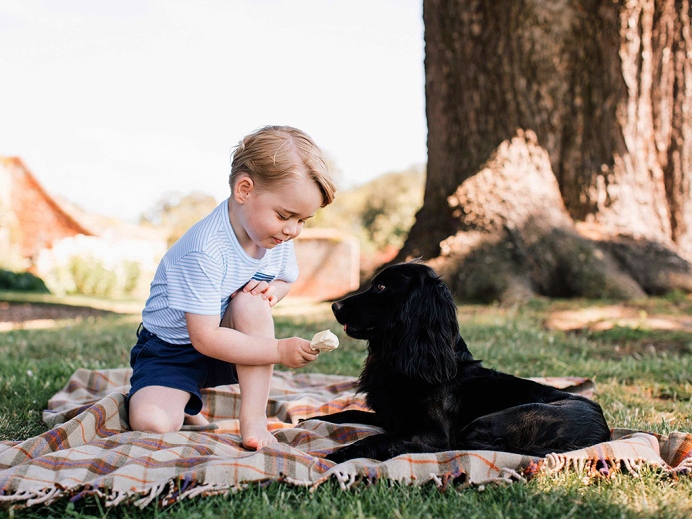 Recent but undated handout photo issued on Friday July 22, 2016 by William and Kate, the Duke and Duchess of Cambridge, of Britain's Prince George with the family dog Lupo, at Sandringham in Norfolk, England. Prince George celebrates his third birthday on July 22, 2016. (Matt Porteous/Handout via AP)